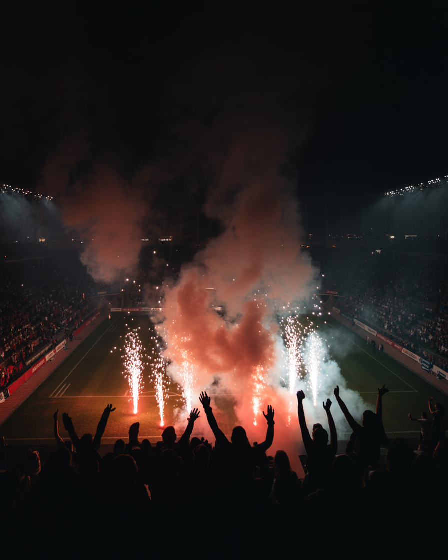 American football fans silhouetted against red pyrotechnic sparks