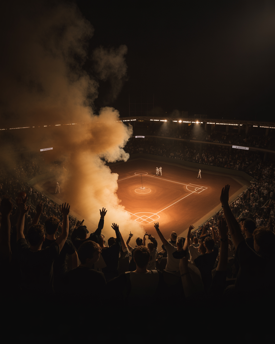 Baseball fans silhouetted against amber light and smoke