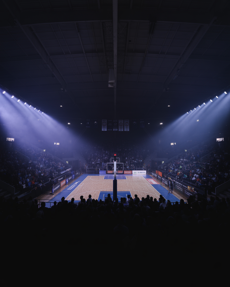 Basketball arena crowd silhouettes in purple spotlight beams